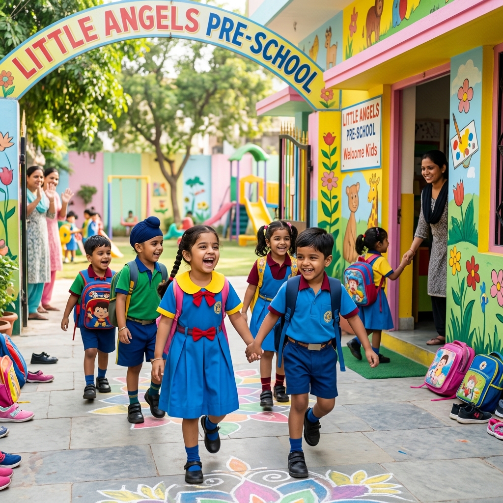 Joyful Indian children arriving